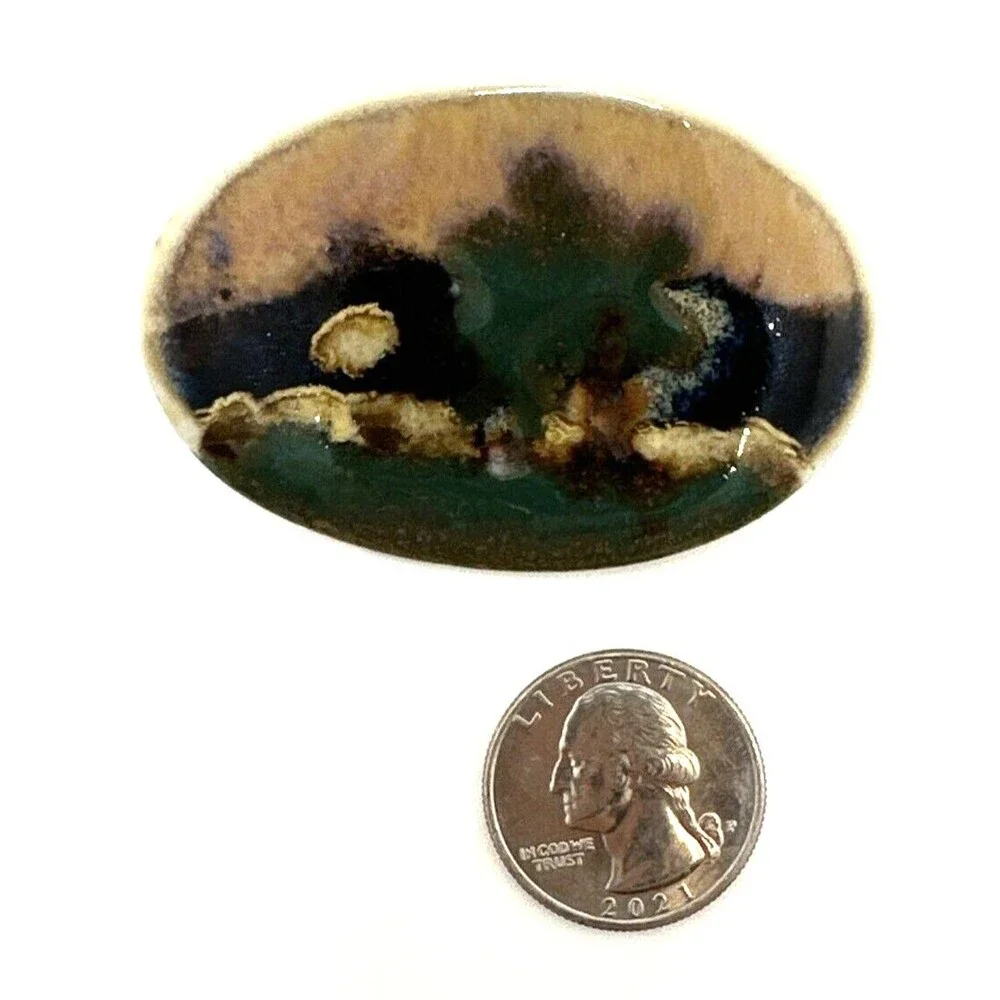 VINTAGE Landscape Brooch Hand Crafted Ceramic Oval Abstract Artisan Pin 2.5